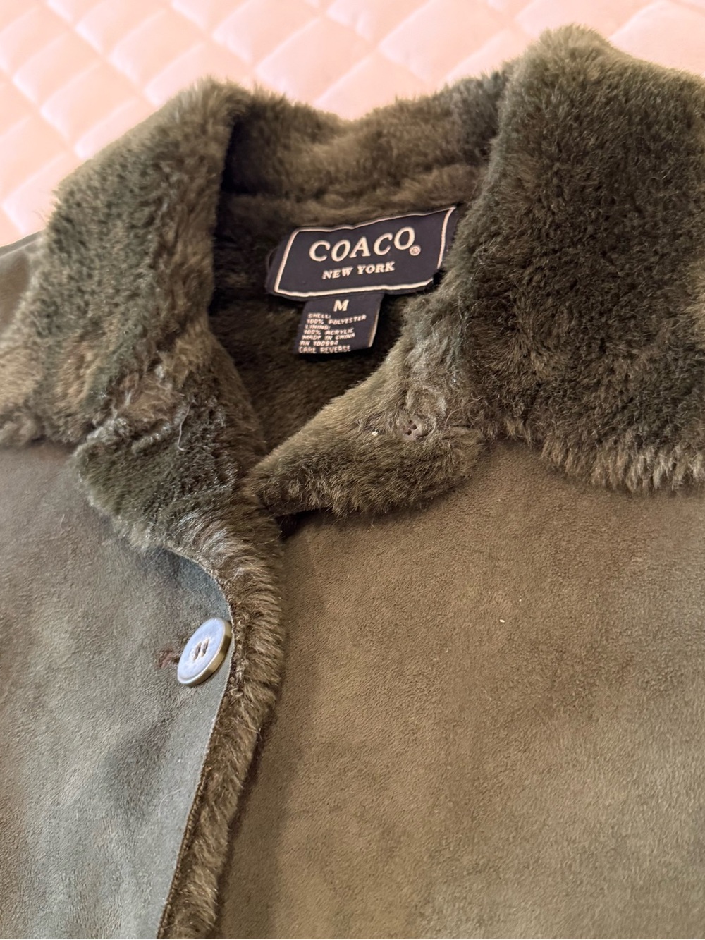 COACO New York Dark Green Faux Suede Fur Lined Coat Jacket Size Medium